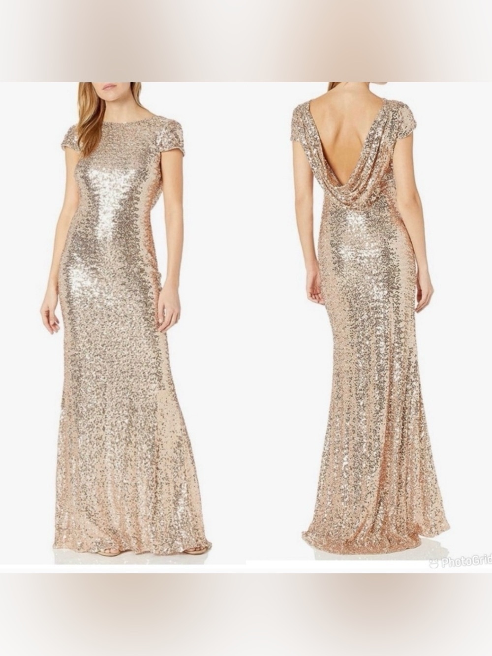 Badgley Mischka Award Winner Gown Champagne Sequin Cowl Back Maxi Dress 8